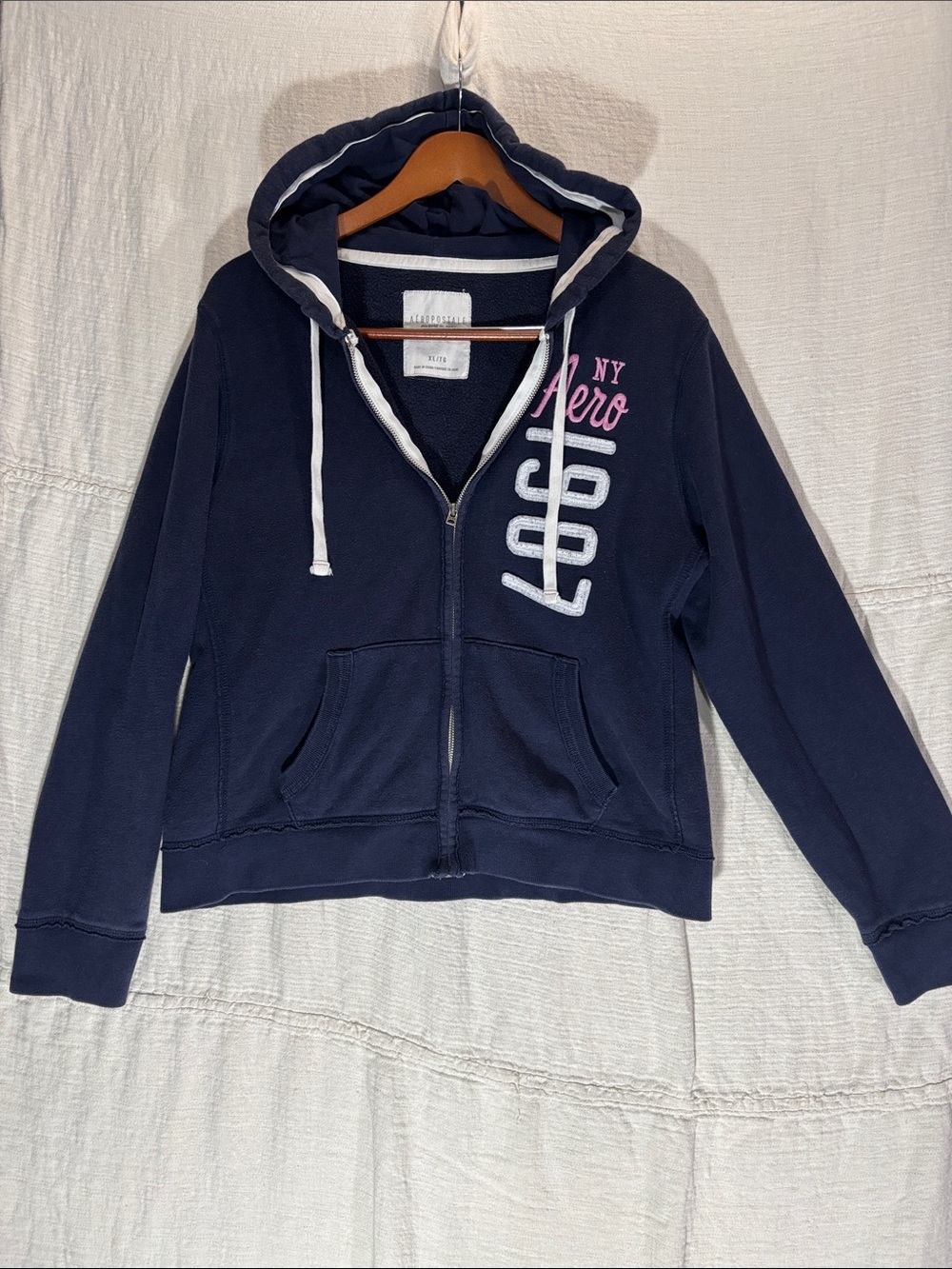 Vintage Y2K Aeropostale Full Zip Hoodie Navy Blue NY Aero 1987 XL Cotton Blend